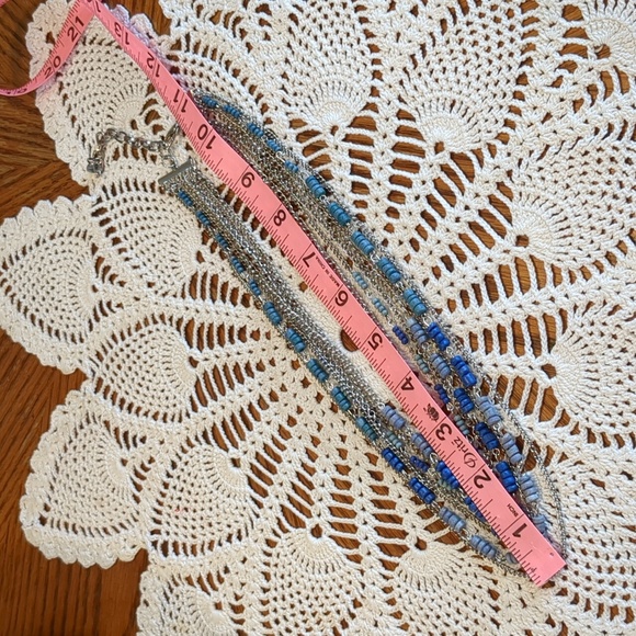 Graduated Layer 17 Inch Necklace With Blue Beads on Silver Tone Chains - Picture 8 of 9